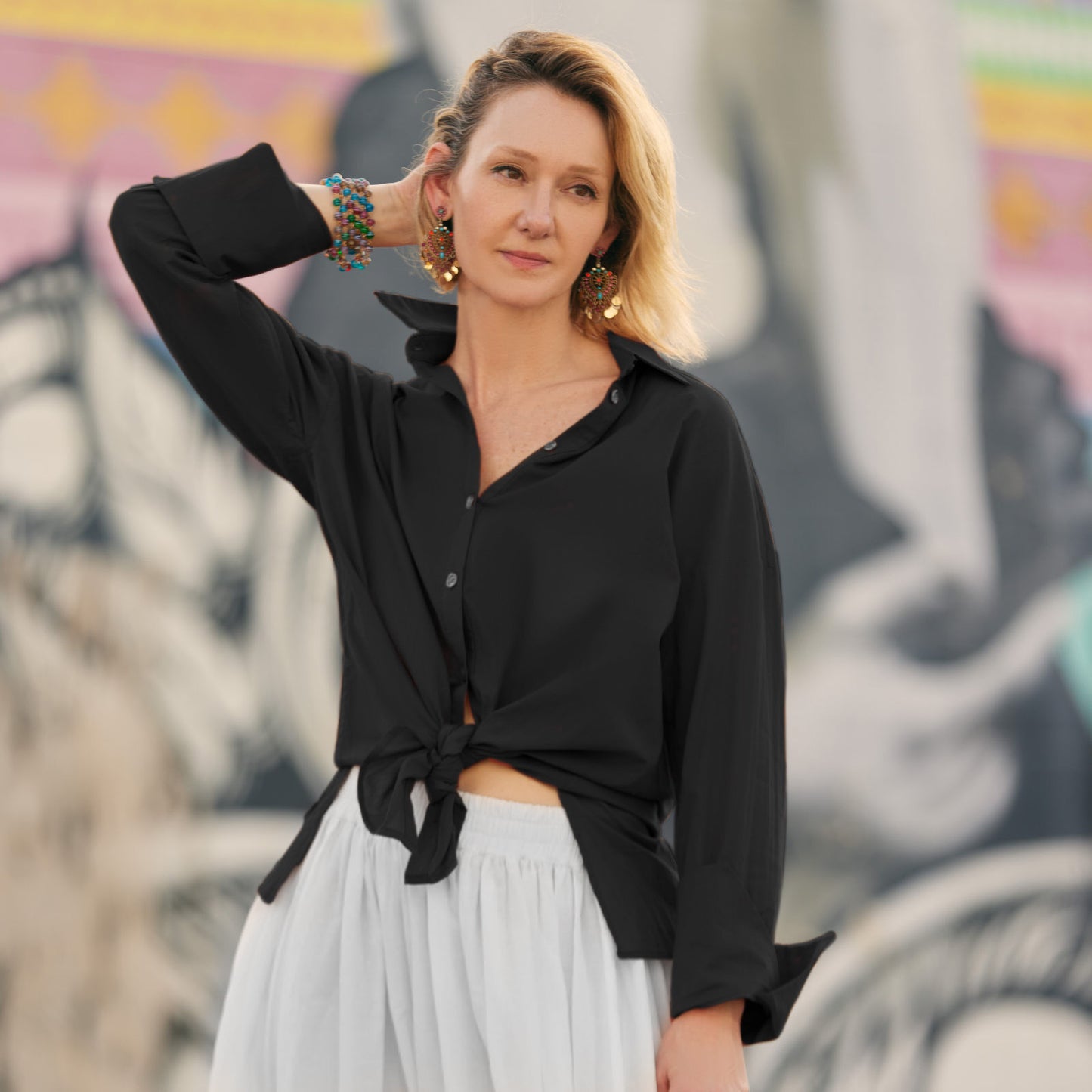 RELAXED BUTTON UP BLOUSE - BLACK