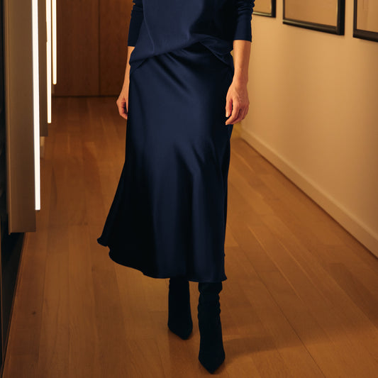 STRETCH SILK BIAS SKIRT - SAPPHIRE