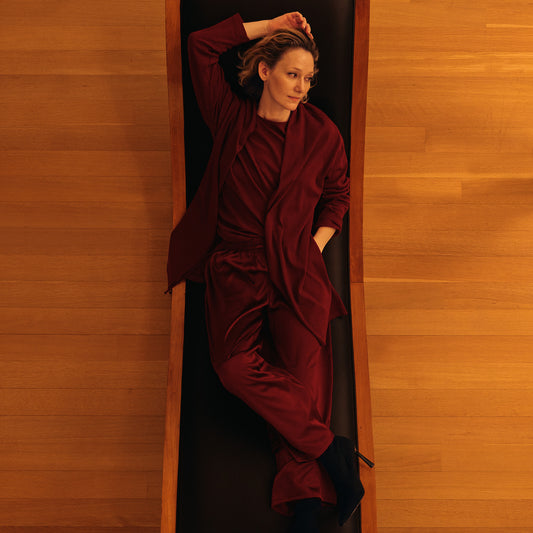 STRETCH SILK DRAWSTRING WIDE LEG PANT - RUBY